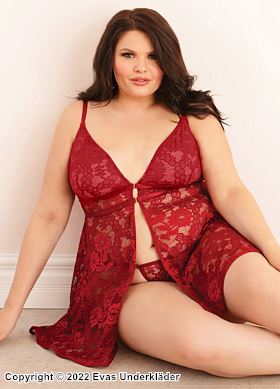 Romantisk babydoll, elastisk blonder, triangelkopper, blomster, plus size